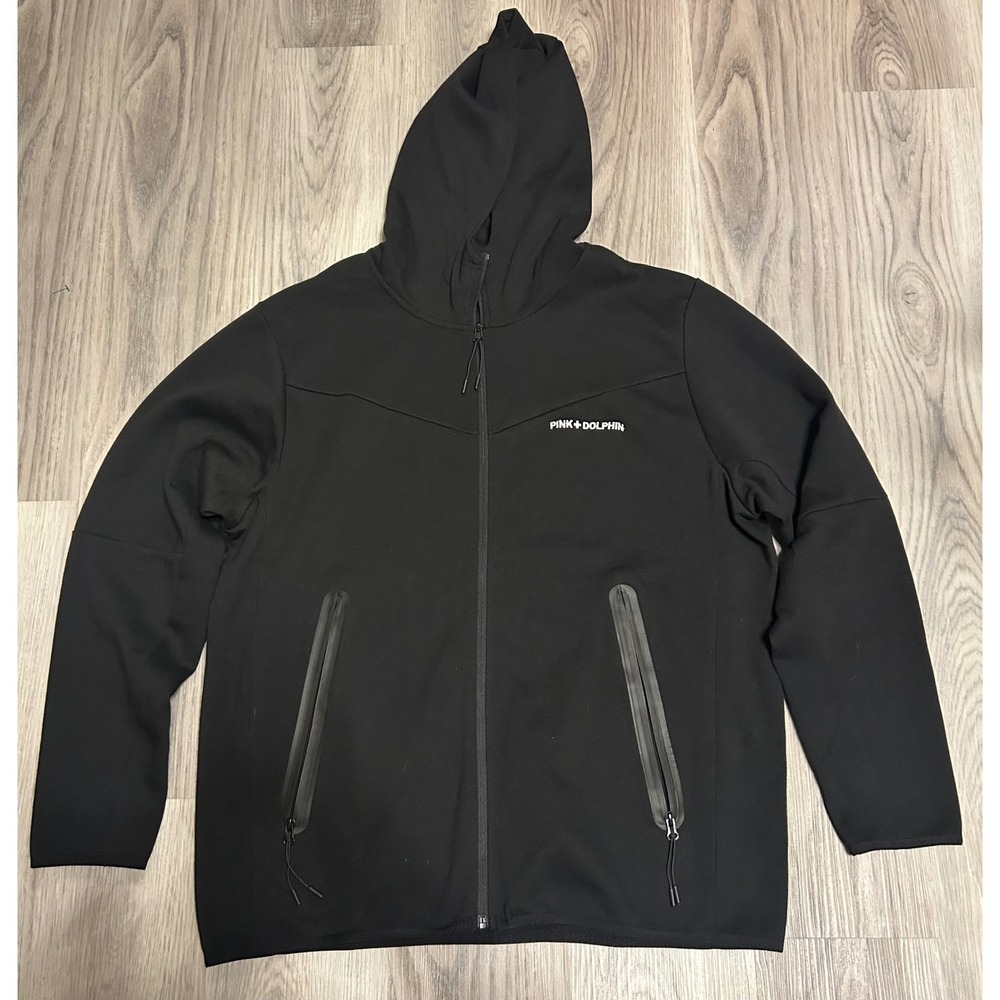 Pink Dolphin Mens Tech Fleece Full Zip Hoodie Polyester XL Black Streetwear Zip